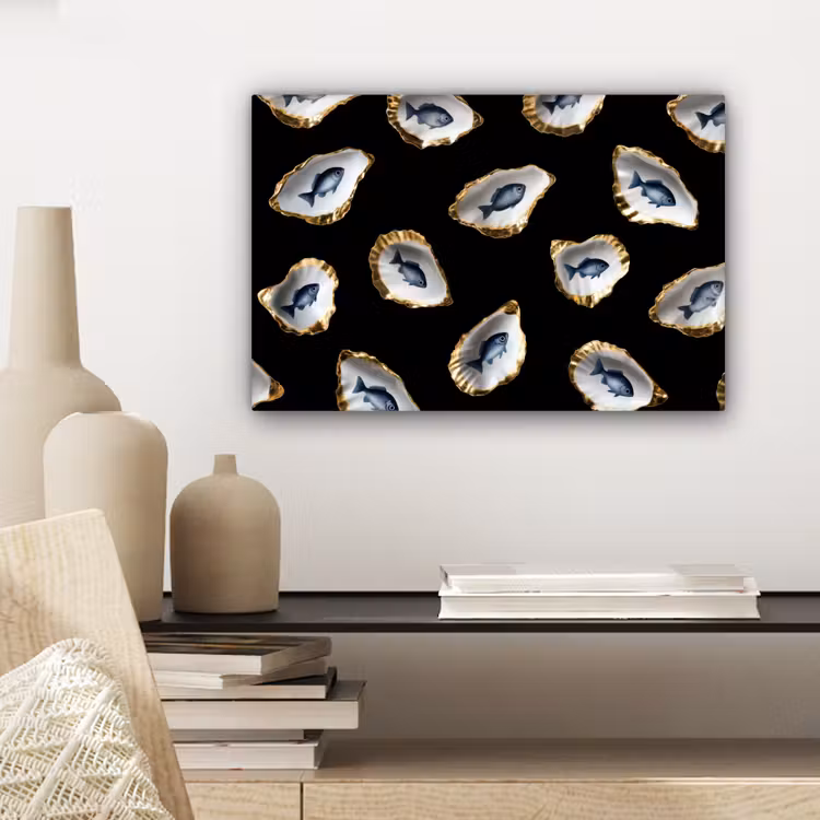 Oesters - Vissen - Blauw - Goud canvas 2cm klein -sfeer6