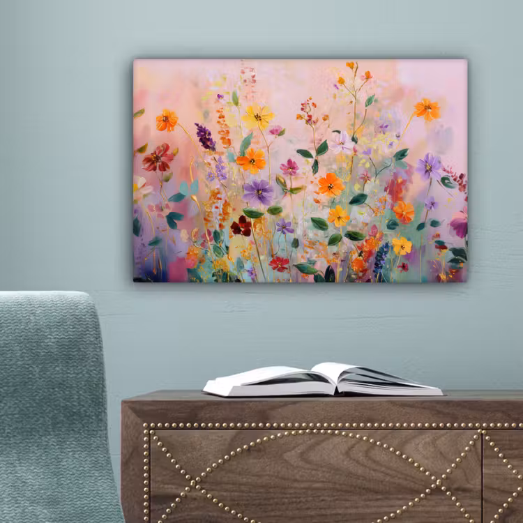 Schilderij - Bloemen - Abstract - Kleurrijk canvas 2cm klein -sfeer4