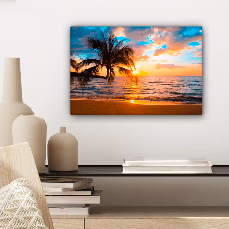 Palm - Zonsondergang - Horizon - Strand - Zee - Tropisch canvas 2cm klein -sfeer6