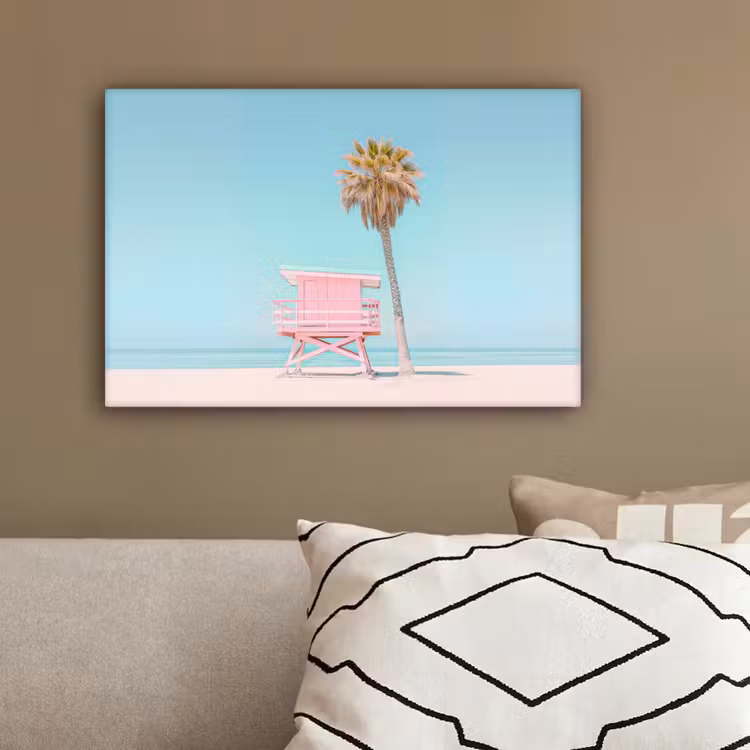 Palmboom - Strandhuis - Roze canvas 2cm klein -sfeer3