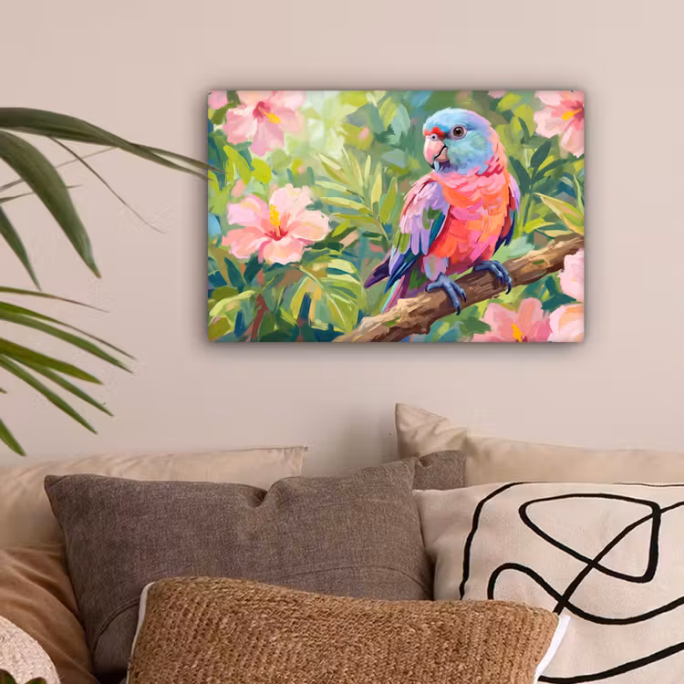 Papagaai - Hibiscusbloemen - Kleurrijk canvas 2cm klein -sfeer1