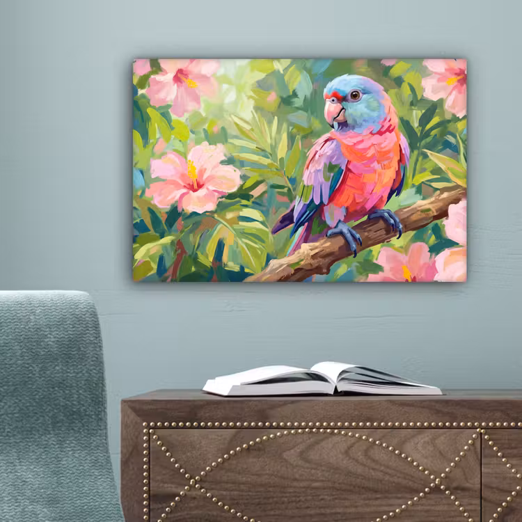 Papagaai - Hibiscusbloemen - Kleurrijk canvas 2cm klein -sfeer4