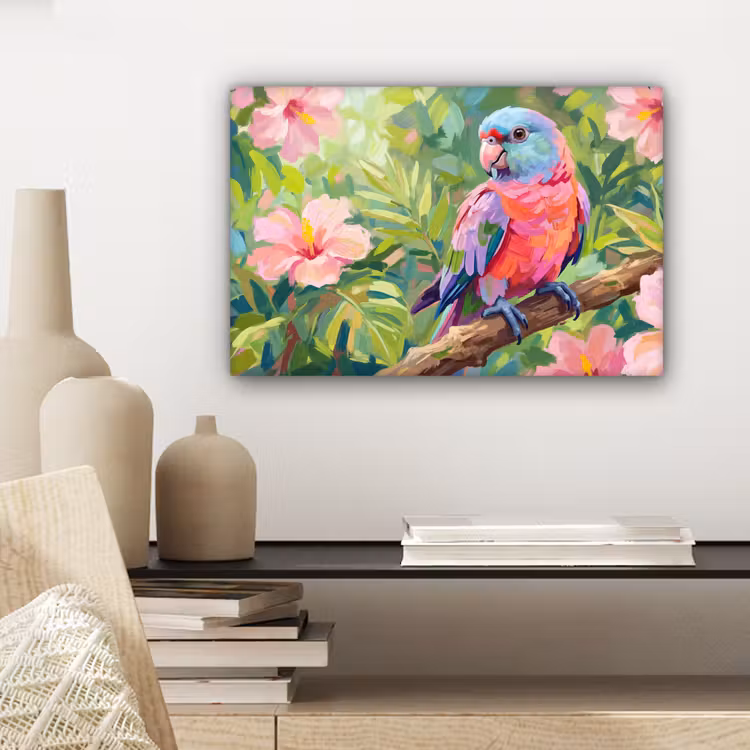 Papagaai - Hibiscusbloemen - Kleurrijk canvas 2cm klein -sfeer6