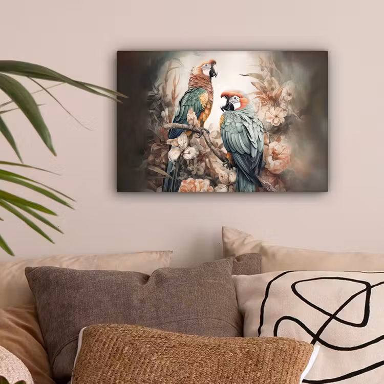 Papegaaien - Vogels - Natuur - Bloemen canvas 2cm klein -sfeer1
