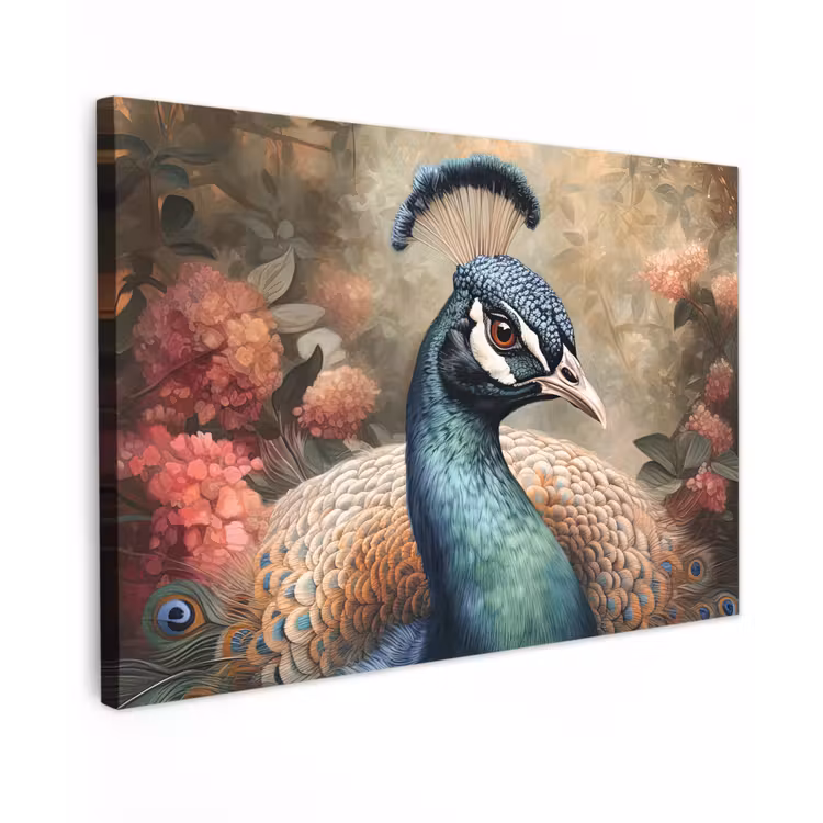 Pauw - Vogel - Bloemen - Planten - Pauwenveren canvas 2cm klein -z3d