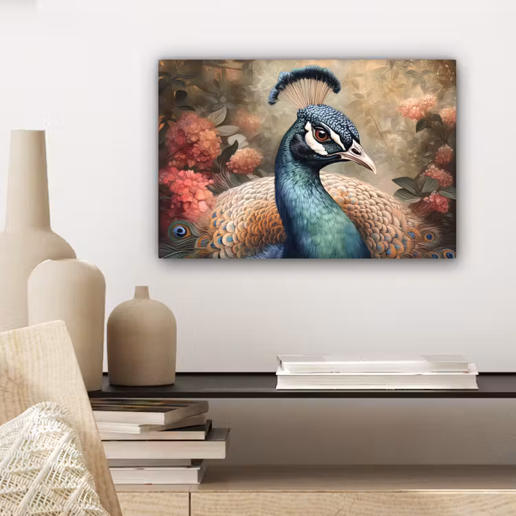Pauw - Vogel - Bloemen - Planten - Pauwenveren canvas 2cm klein -sfeer6