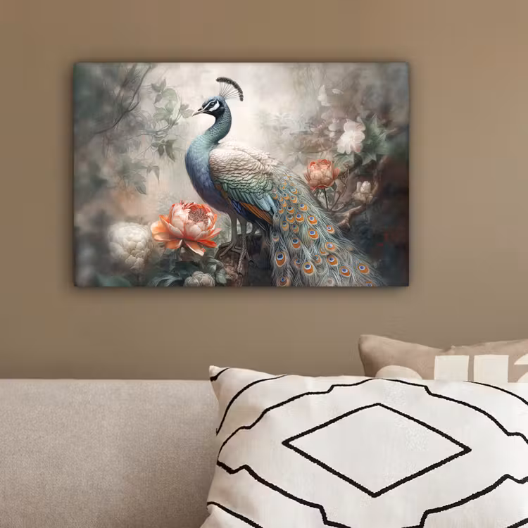 Pauw - Pauwenveren - Vogel - Jungle - Bloemen canvas 2cm klein -sfeer3