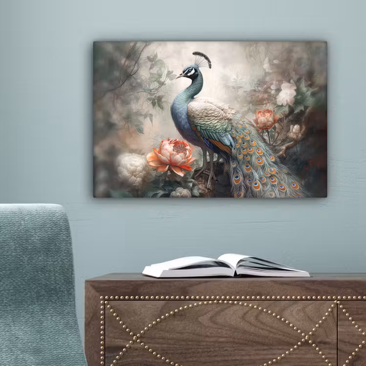 Pauw - Pauwenveren - Vogel - Jungle - Bloemen canvas 2cm klein -sfeer4