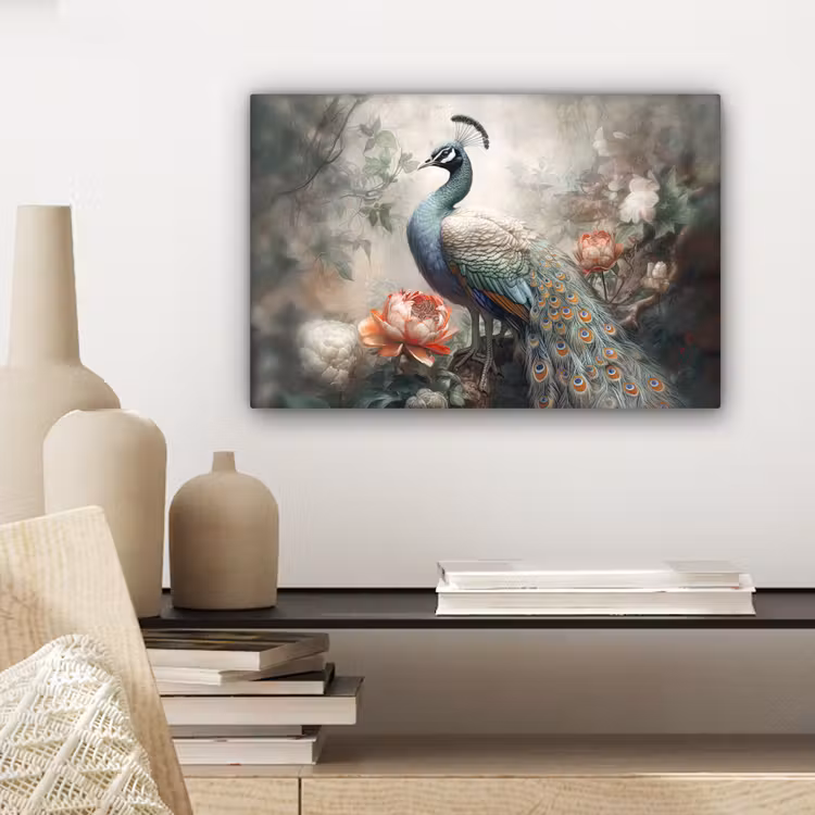 Pauw - Pauwenveren - Vogel - Jungle - Bloemen canvas 2cm klein -sfeer6