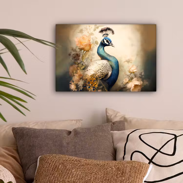 Pauw - Pauwenveren - Bloemen - Vogels - Botanisch canvas 2cm klein -sfeer1