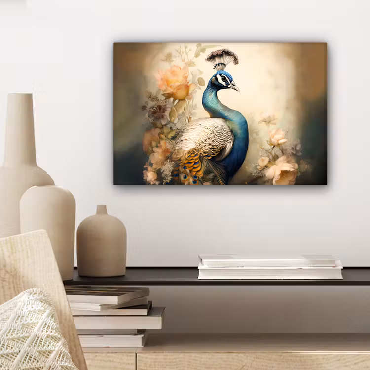 Pauw - Pauwenveren - Bloemen - Vogels - Botanisch canvas 2cm klein -sfeer6