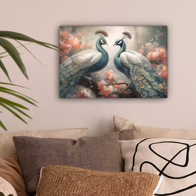 Pauwen - Pauwenveren - Vogels - Bloemen - Natuur canvas 2cm klein -sfeer1