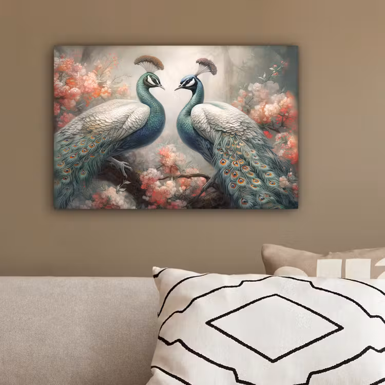 Pauwen - Pauwenveren - Vogels - Bloemen - Natuur canvas 2cm klein -sfeer3
