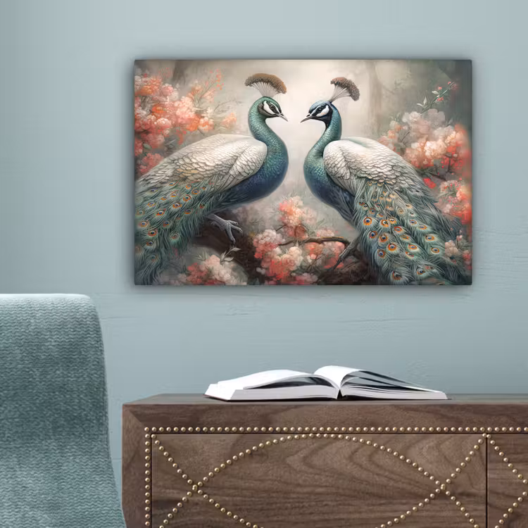 Pauwen - Pauwenveren - Vogels - Bloemen - Natuur canvas 2cm klein -sfeer4