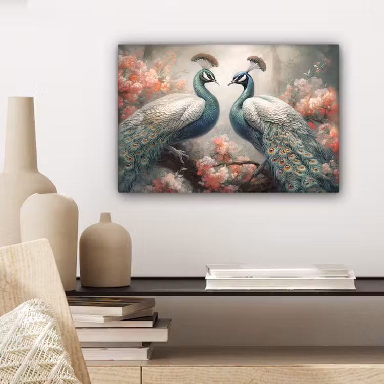 Pauwen - Pauwenveren - Vogels - Bloemen - Natuur canvas 2cm klein -sfeer6