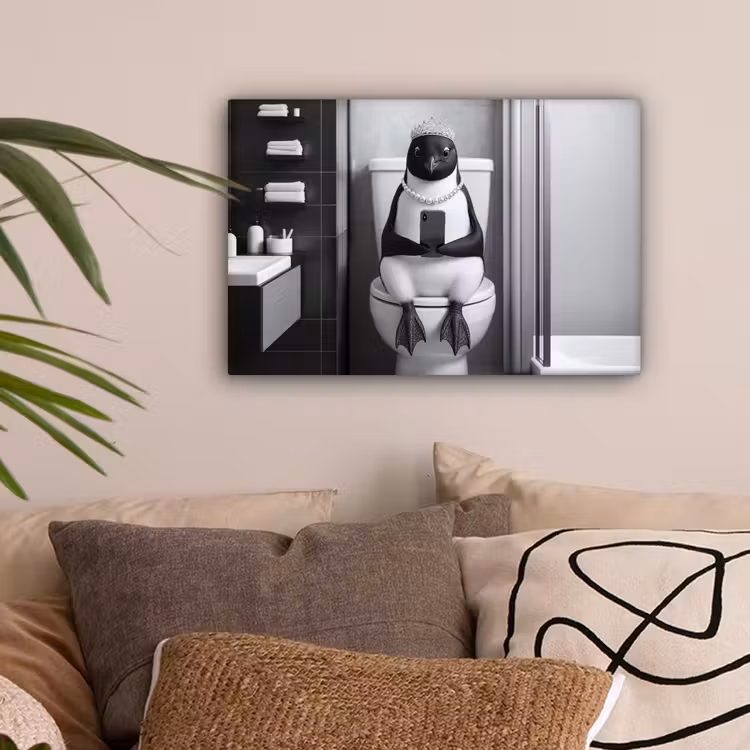 Pinguïn - Telefoon - Toilet - Zwart - Wit canvas 2cm klein -sfeer1