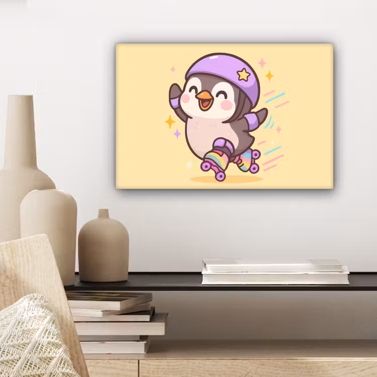 Pinguïn - Rolschaatsen - Geel - Energiek canvas 2cm klein -sfeer6