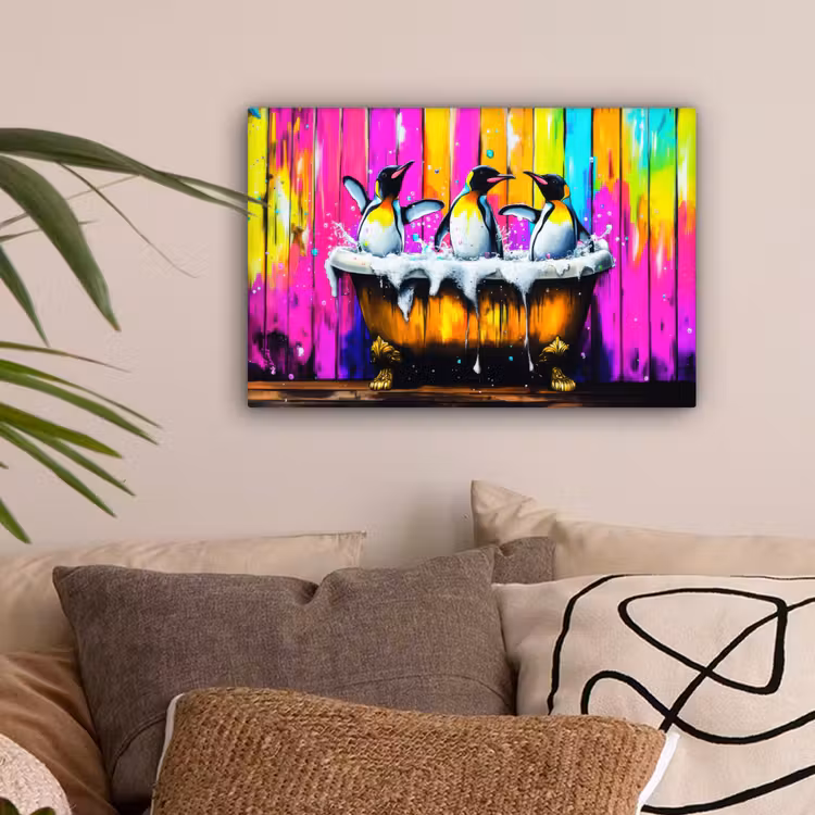Pinguïns - Badkuip - Kleurrijk - Schuim canvas 2cm klein -sfeer1