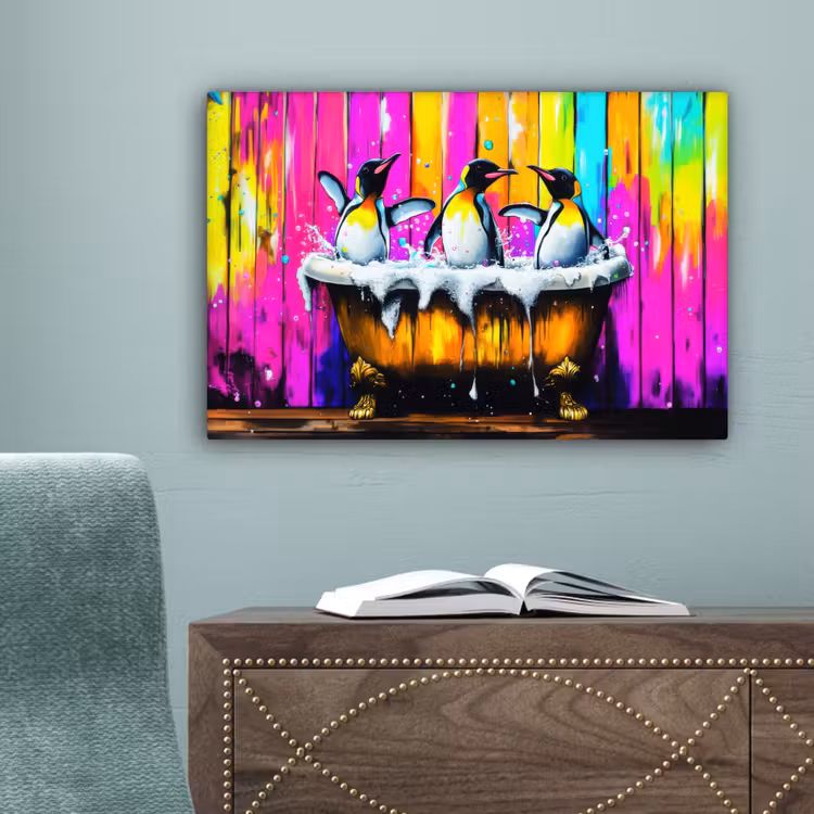 Pinguïns - Badkuip - Kleurrijk - Schuim canvas 2cm klein -sfeer4