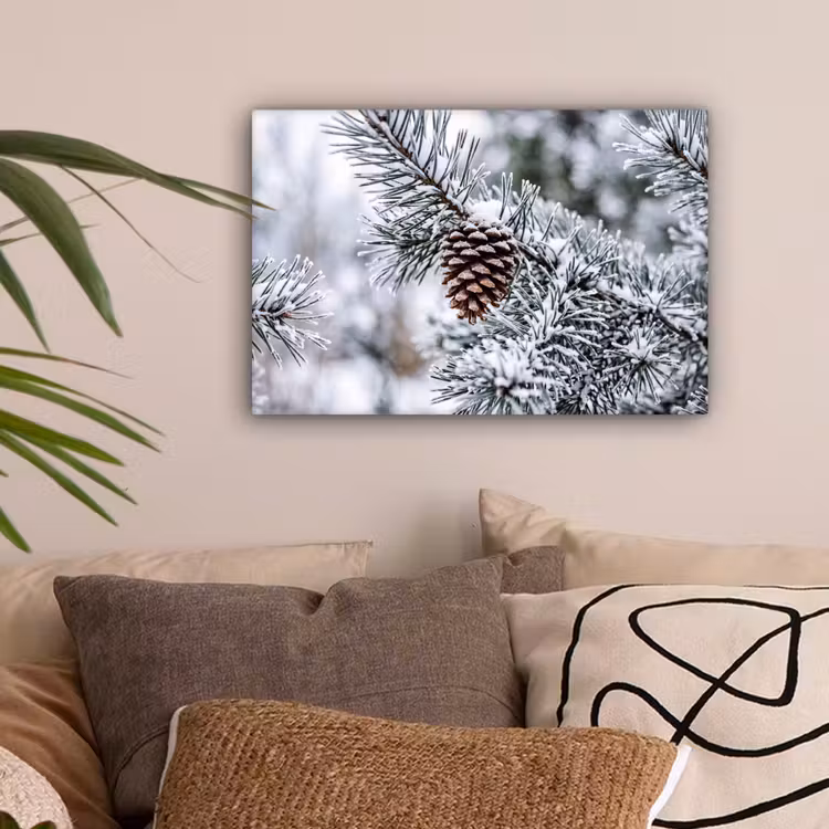 Dennenappel - Tak - Sneeuw - Winter - Sfeervol canvas 2cm klein -sfeer1