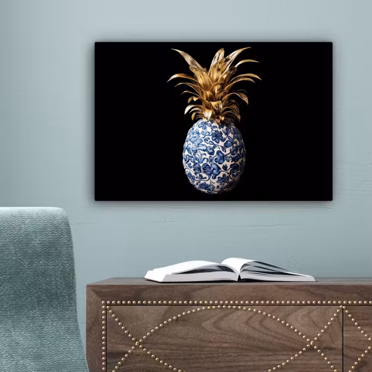 Ananas - Bloemen patroon - Goud - Delftsblauw canvas 2cm klein -sfeer4