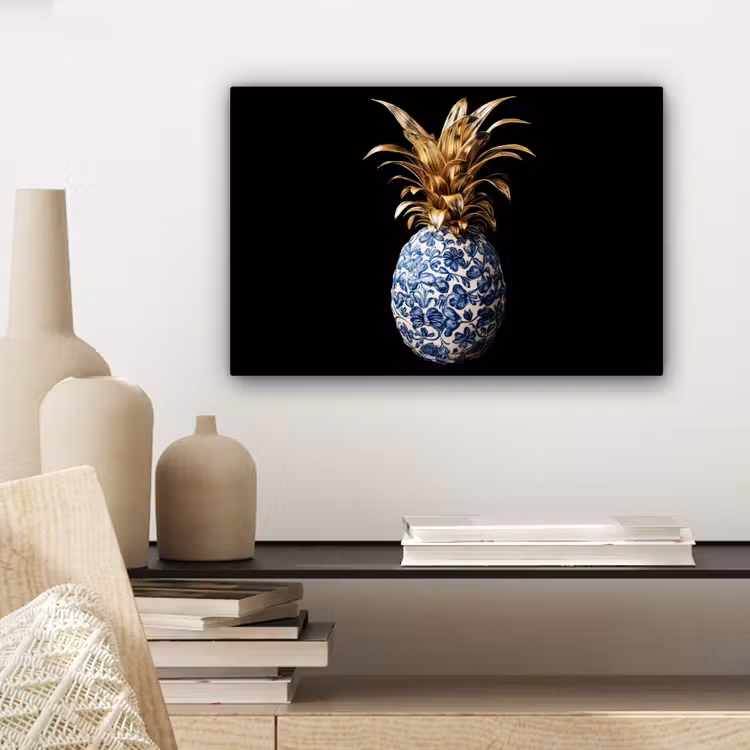 Ananas - Bloemen patroon - Goud - Delftsblauw canvas 2cm klein -sfeer6