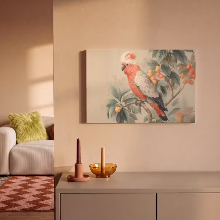 Roze kuifkaketoe - Tak met vruchten - Bladeren canvas 2cm klein -sfeer1