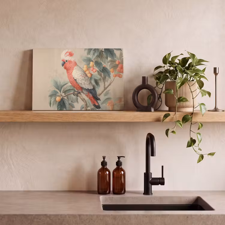 Roze kuifkaketoe - Tak met vruchten - Bladeren canvas 2cm klein -sfeer3
