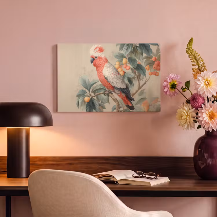 Roze kuifkaketoe - Tak met vruchten - Bladeren canvas 2cm klein -sfeer4