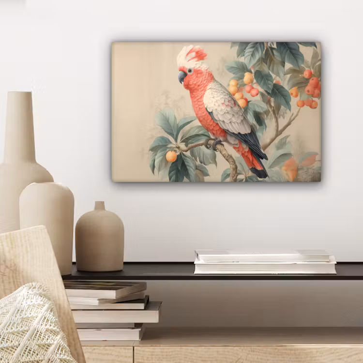 Roze kuifkaketoe - Tak met vruchten - Bladeren canvas 2cm klein -sfeer6