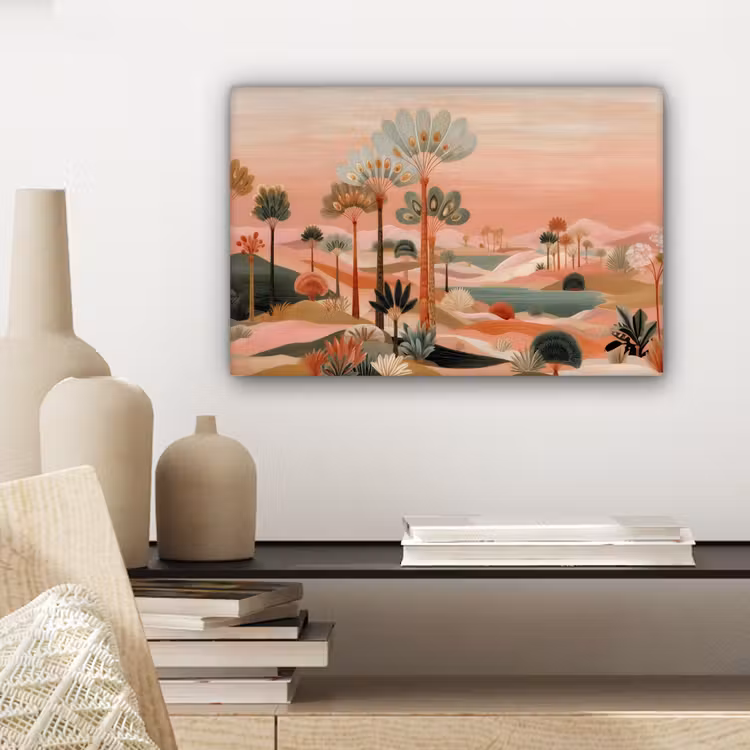 Roze landschap - Palmen - Water canvas 2cm klein -sfeer6