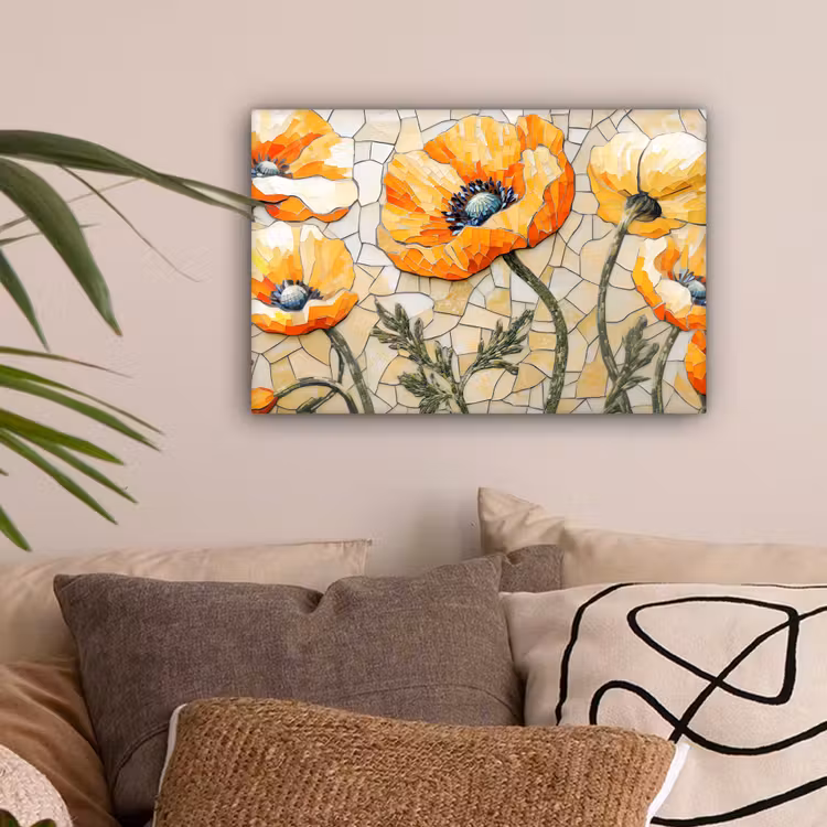 Klaprozen - Oranje - Mozaïek - Bladeren canvas 2cm klein -sfeer1