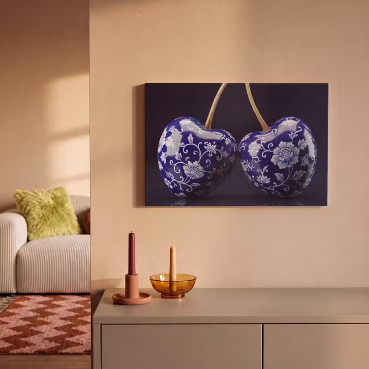 Porselein- Kersen - Delfts - Blauw canvas 2cm klein -sfeer1