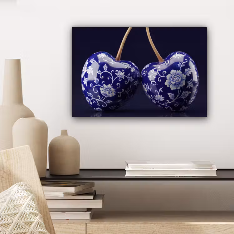 Porselein- Kersen - Delfts - Blauw canvas 2cm klein -sfeer6