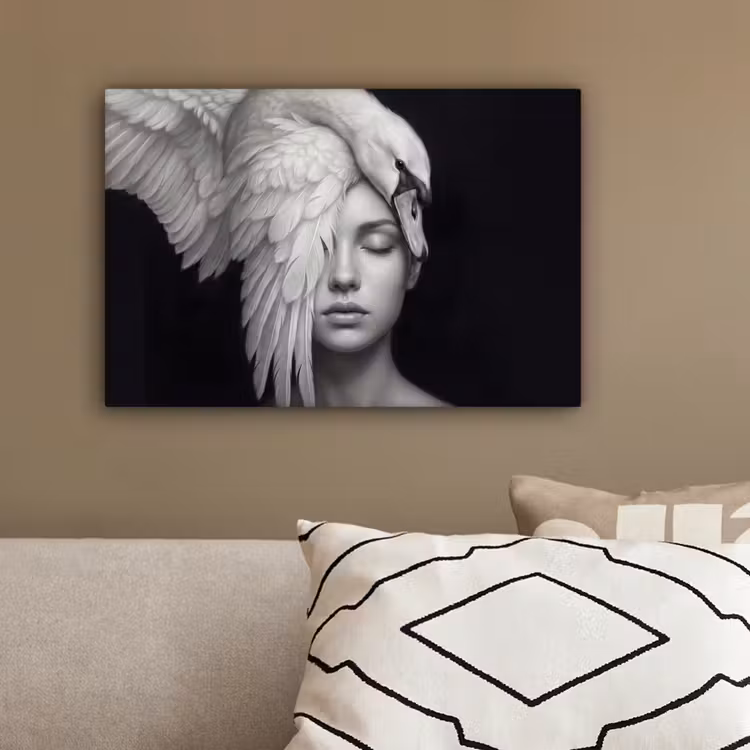 Portret - Zwaan - Zwart - Wit canvas 2cm klein -sfeer3