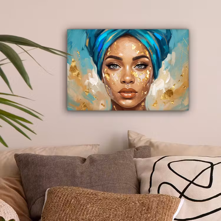 Portret - Vrouw - Schilderij - Blauw - Goud - Expressief canvas 2cm klein -sfeer1