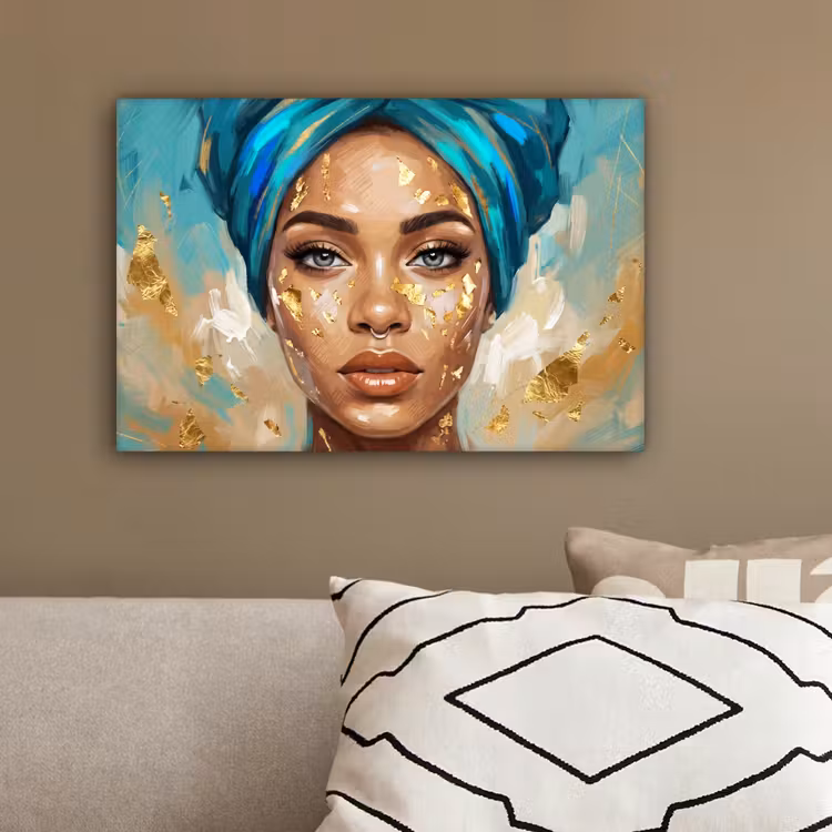 Portret - Vrouw - Schilderij - Blauw - Goud - Expressief canvas 2cm klein -sfeer3