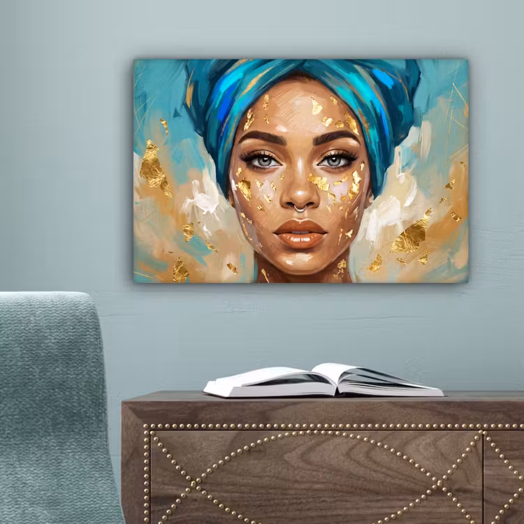 Portret - Vrouw - Schilderij - Blauw - Goud - Expressief canvas 2cm klein -sfeer4