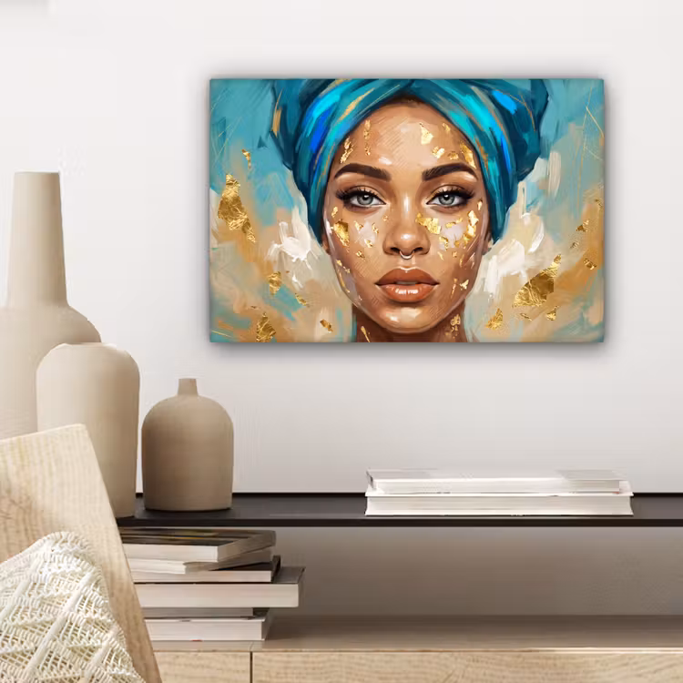 Portret - Vrouw - Schilderij - Blauw - Goud - Expressief canvas 2cm klein -sfeer6