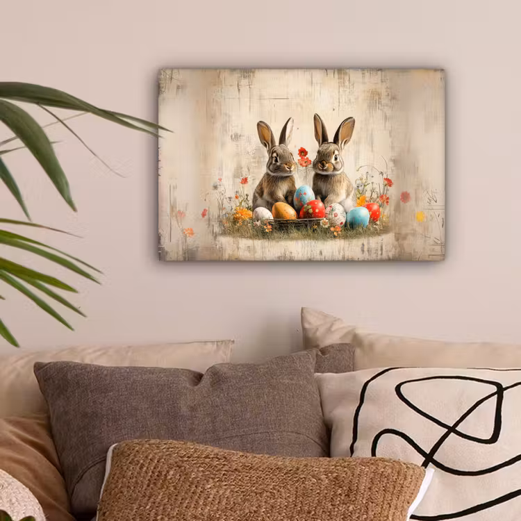 Konijnen - Bloemen - Eieren canvas 2cm klein -sfeer1