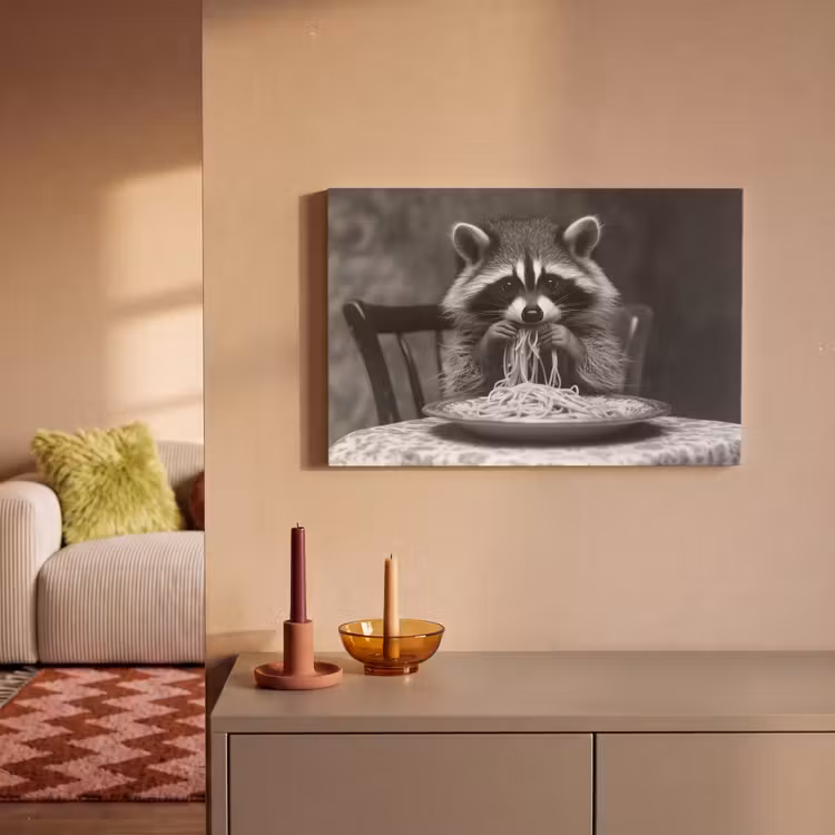 Wasbeer - Cute - Pasta - Tafelkleed - Zwart - Wit canvas 2cm klein -sfeer1