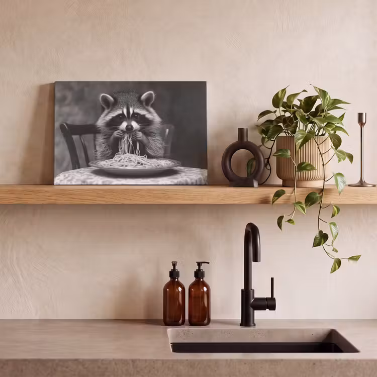 Wasbeer - Cute - Pasta - Tafelkleed - Zwart - Wit canvas 2cm klein -sfeer3