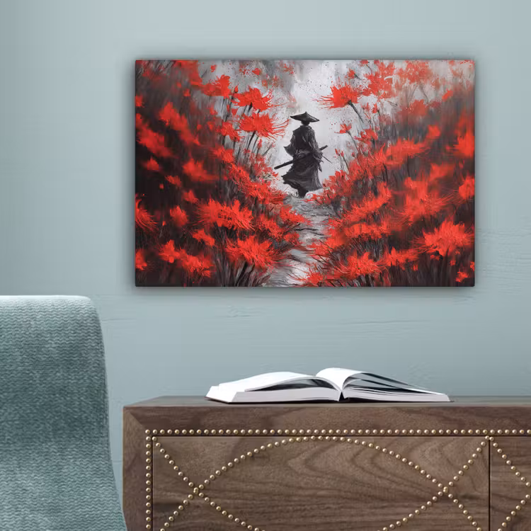 Rode bloemen - mistig - Man canvas 2cm klein -sfeer4