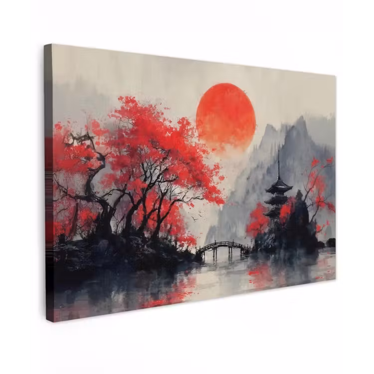 Rode zon - Rivier - brug - Bomen canvas 2cm klein -z3d