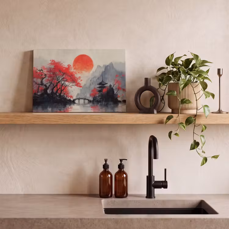 Rode zon - Rivier - brug - Bomen canvas 2cm klein -sfeer3