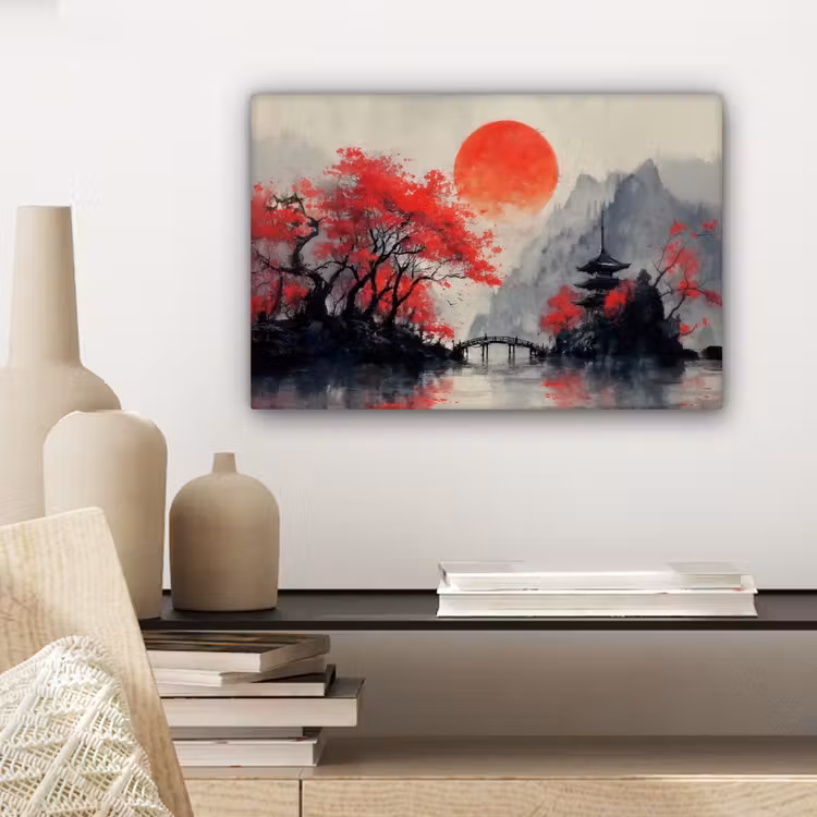 Rode zon - Rivier - brug - Bomen canvas 2cm klein -sfeer6