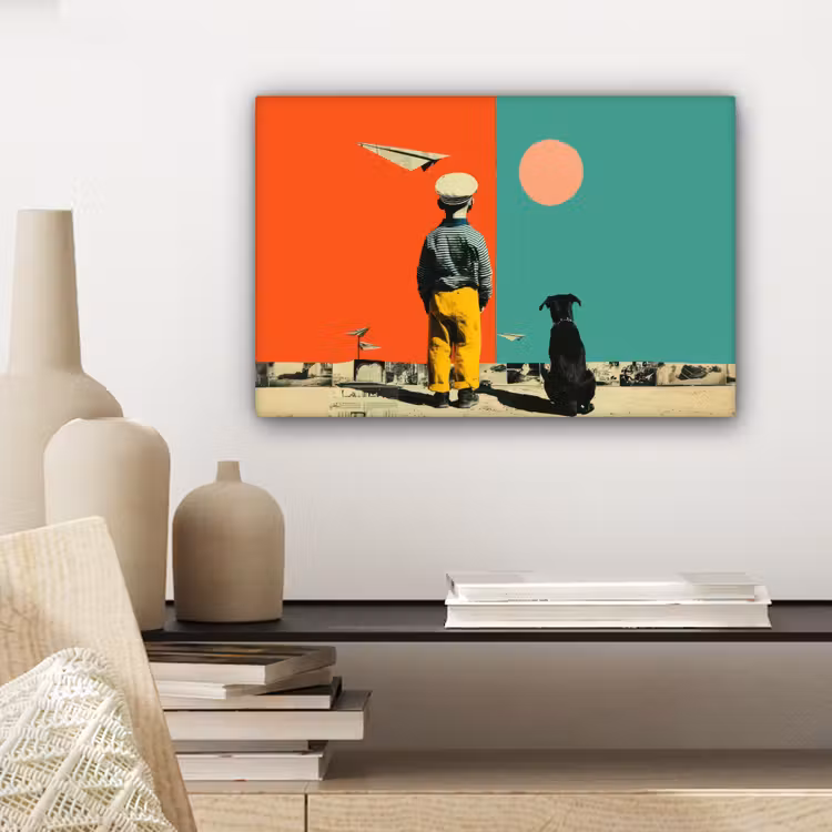 Retro - Jongen - Hond - Rood - Groen canvas 2cm klein -sfeer6