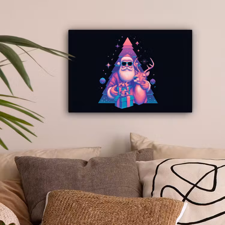 Retro - Kerstman - Rendieren - Kerstboom canvas 2cm klein -sfeer1
