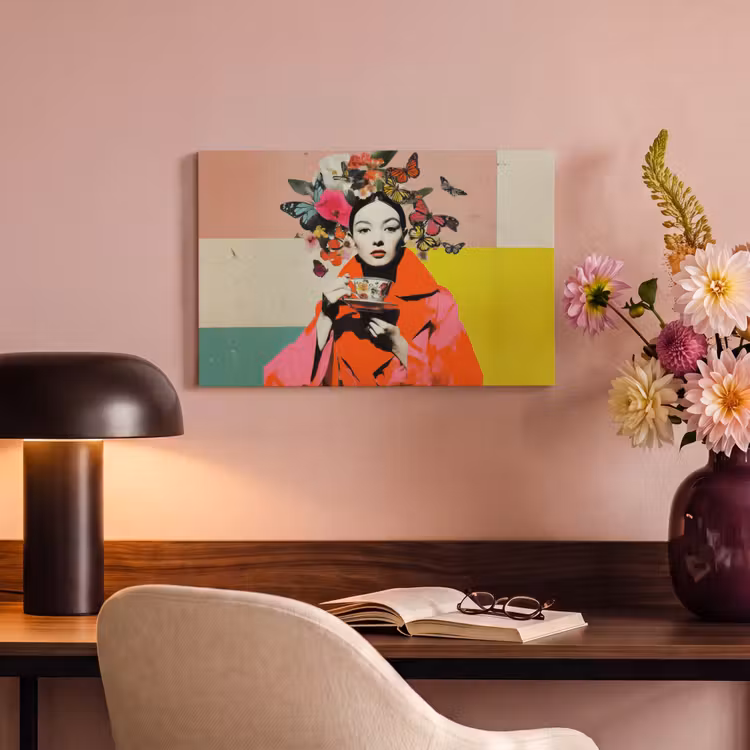 Retro - Vrouw - Kopje - Vlinders canvas 2cm klein -sfeer4