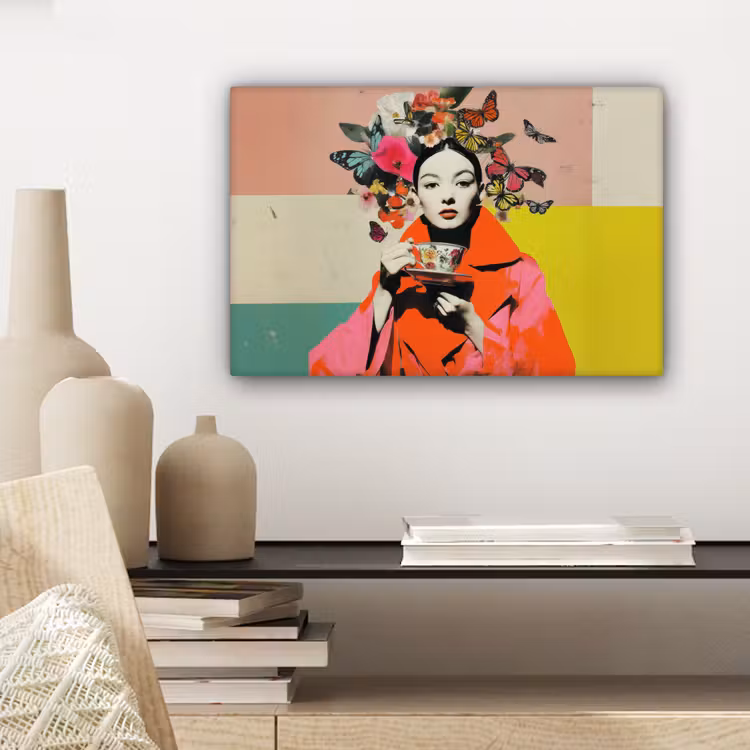 Retro - Vrouw - Kopje - Vlinders canvas 2cm klein -sfeer6